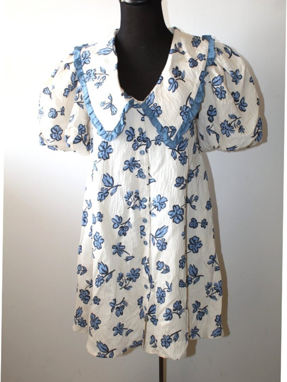 Poppy Collared Mini Dress Blue floral Print Size Small Ruffled Peter Pan Collar - Picture 5 of 14
